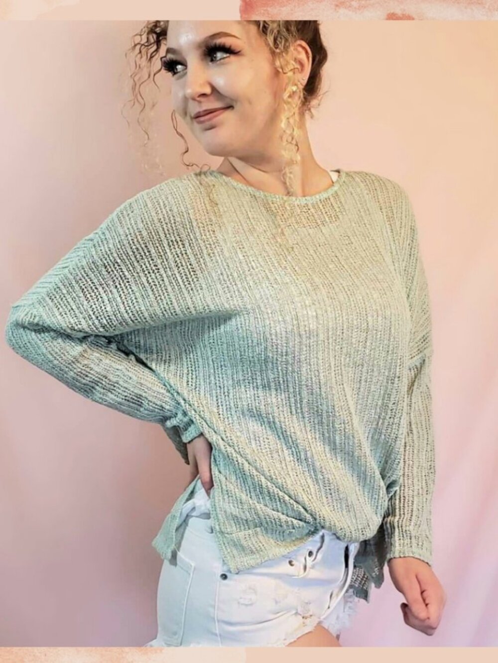Mint Green Lightweight Sheer Knit Long Sleeve Top